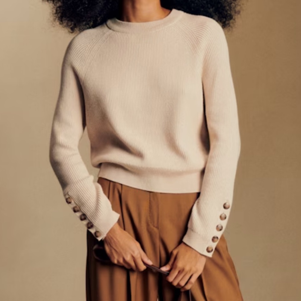 Sezane Cream Ribbed Crewneck Sweater with Button Cuffs // SZ XXL